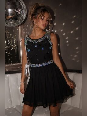 ASOS Black Sequin Embellished Fit & Flare Party Dress Size 6